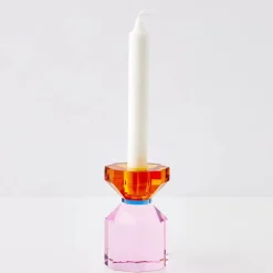 Bevel Crystal Taper Candle Holder Amber Pink