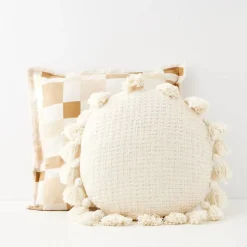 Checkered Fringed Cushion With Insert Beige